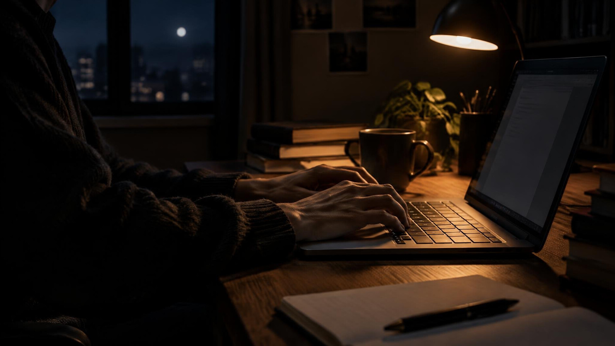 writer typing in dim light