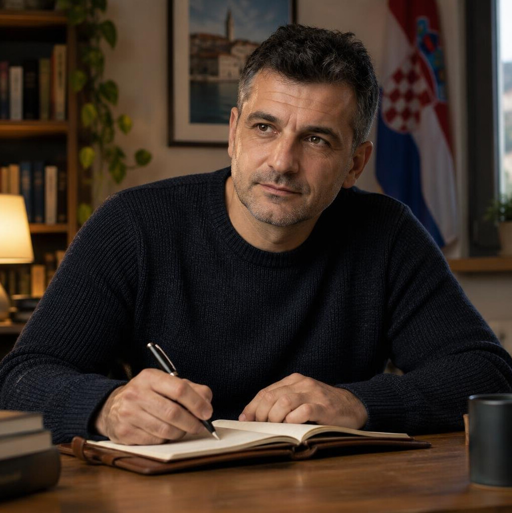 Portrait of a Croatian man in his forties writing in a notebook at a wooden desk