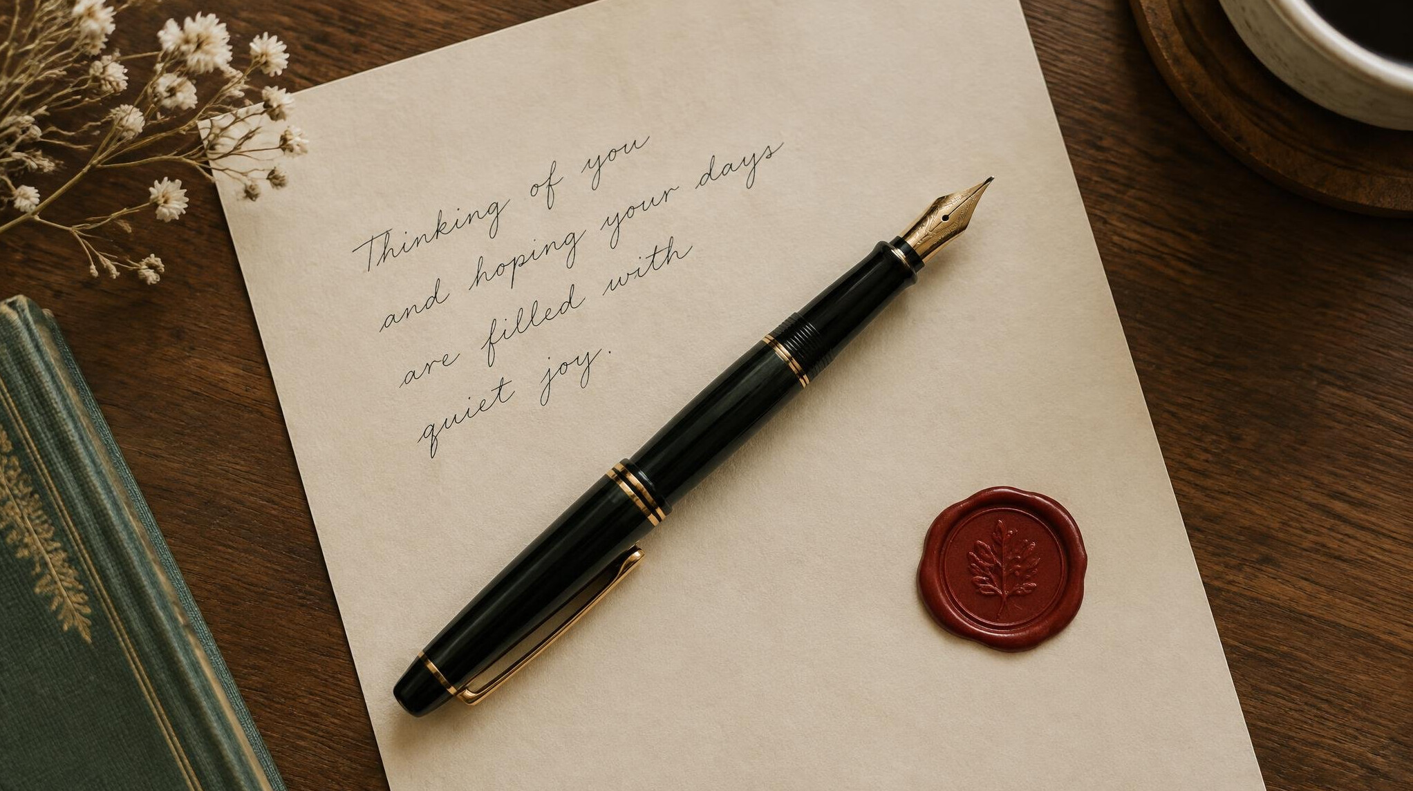 Flat lay of a fountain pen resting on a handwritten letter with a wax seal