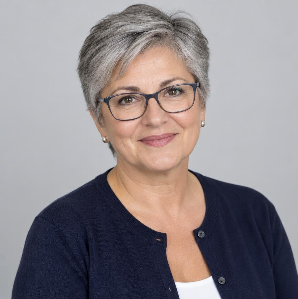Studio portrait of a Croatian woman in her fifties with short grey hair